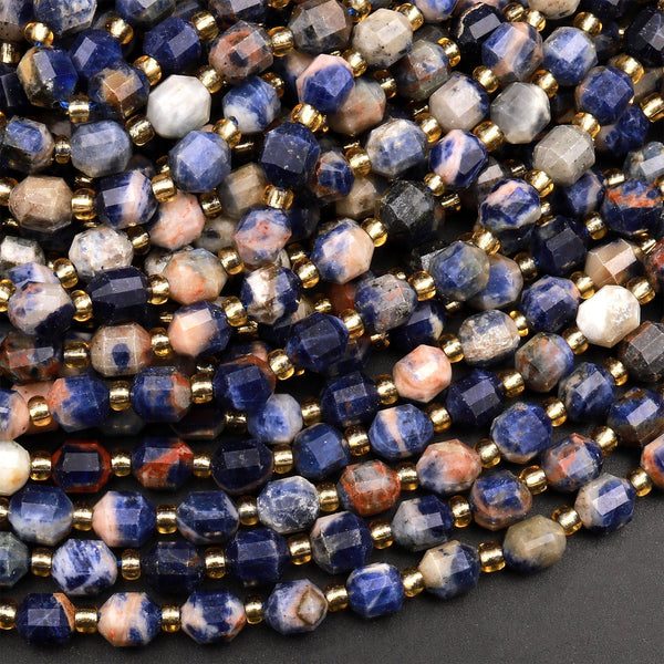 Natural Blue Orange Sodalite 6mm 8mm Beads Rounded Faceted Energy Prism Double Terminated Points 15.5&quot; Strand