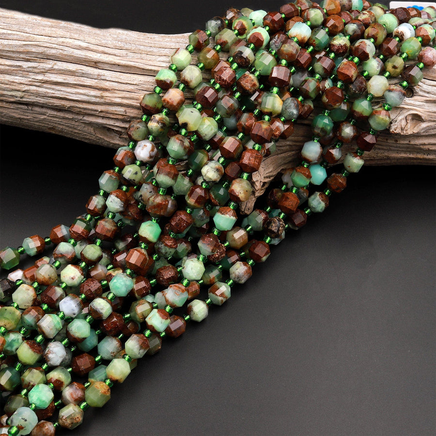Natural Bicolor Green Brown Chrysoprase 6mm 8mm Beads Rounded Faceted Energy Prism Double Terminated Points 15.5&quot; Strand