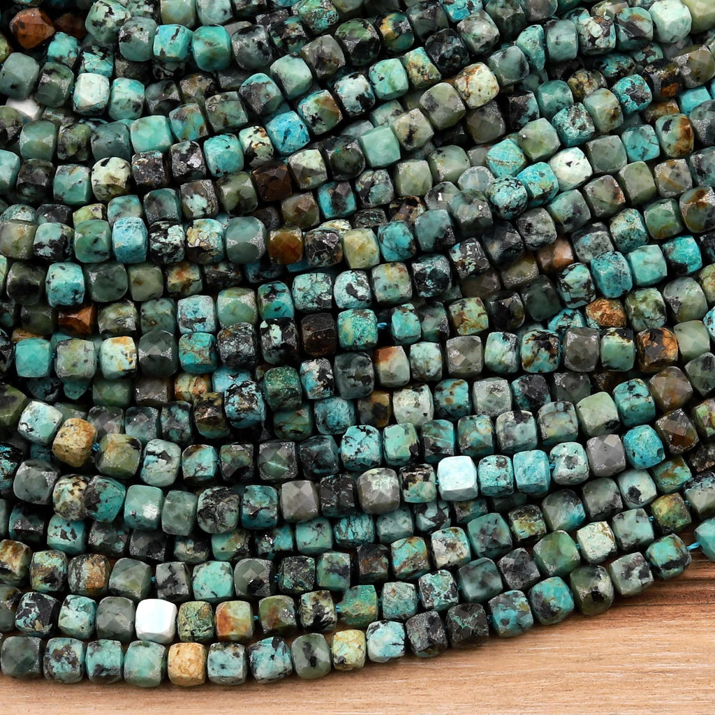 Natural African Turquoise Faceted 4mm 6mm Cube Dice Square Beads Micro Faceted Laser Diamond Cut 15.5&quot; Strand