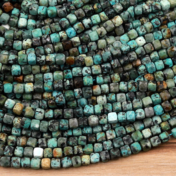Natural African Turquoise Faceted 4mm 6mm Cube Dice Square Beads Micro Faceted Laser Diamond Cut 15.5&quot; Strand