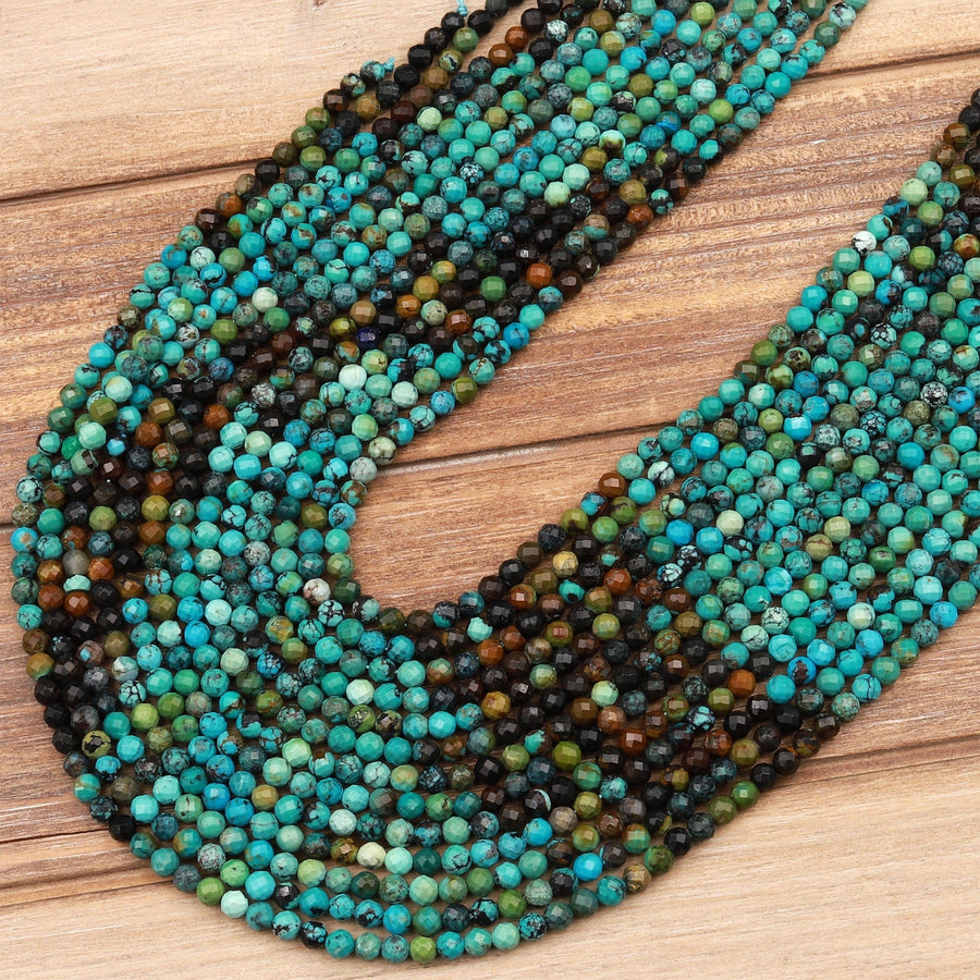 Genuine Natural Turquoise 3mm 4mm Faceted Round Beads Multicolor Blue Green Brown Turquoise Micro Faceted Diamond Cut 15.5&quot; Strand