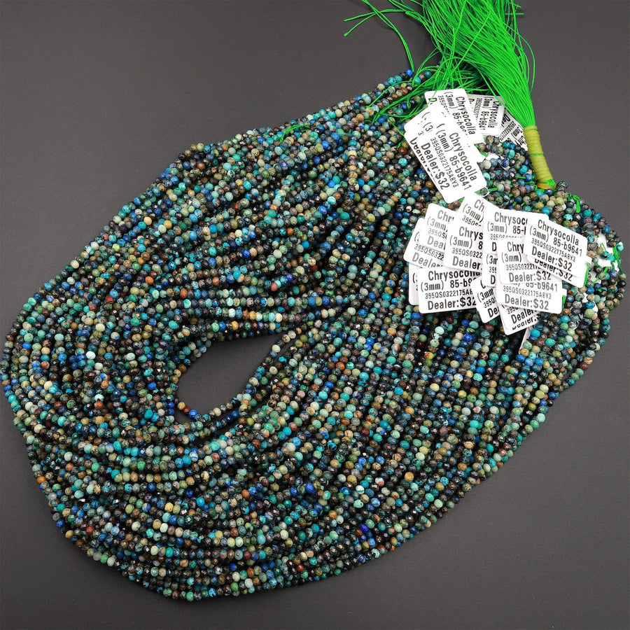 AAA Micro Faceted Small Natural Chrysocolla Azurite Rondelle Beads 3mm Laser Diamond Cut Blue Green Gemstone 15.5&quot; Strand