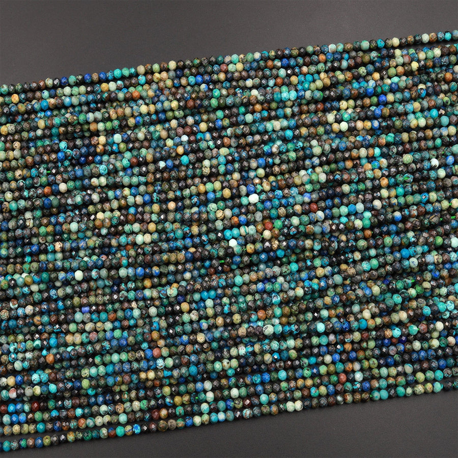 AAA Micro Faceted Small Natural Chrysocolla Azurite Rondelle Beads 3mm Laser Diamond Cut Blue Green Gemstone 15.5&quot; Strand