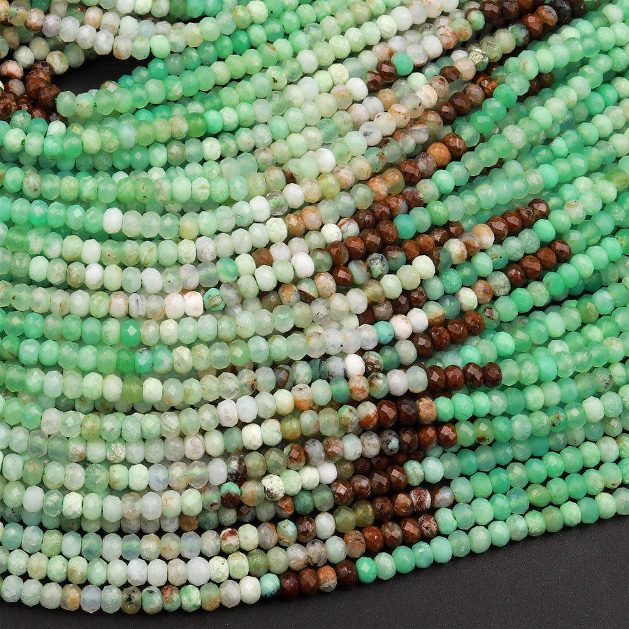 Natural Multicolor Chrysoprase Faceted 3mm Rondelle Beads Diamond Cut Brown Green Gemstone Beads 15.5&quot; Strand