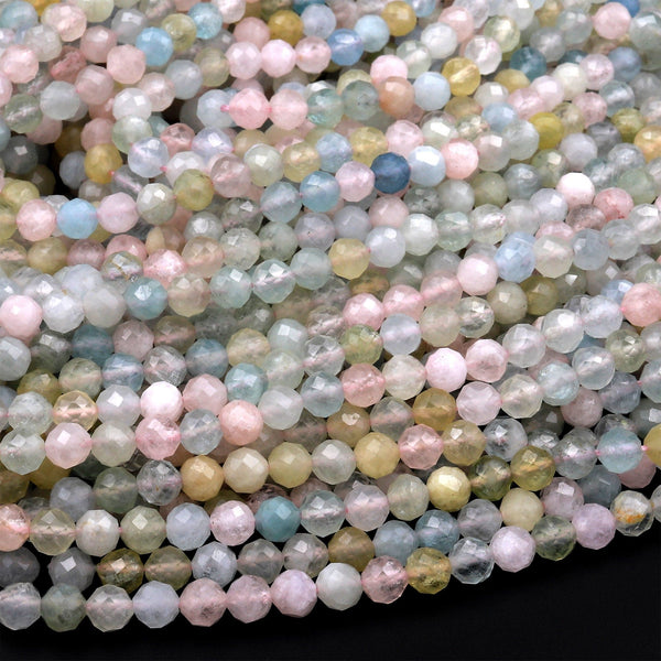 AAA Gemmy Translucent Faceted Pink Morganite Green Blue Aquamarine 4mm Round Beads Natural Beryl Gemstone 15.5&quot; Strand