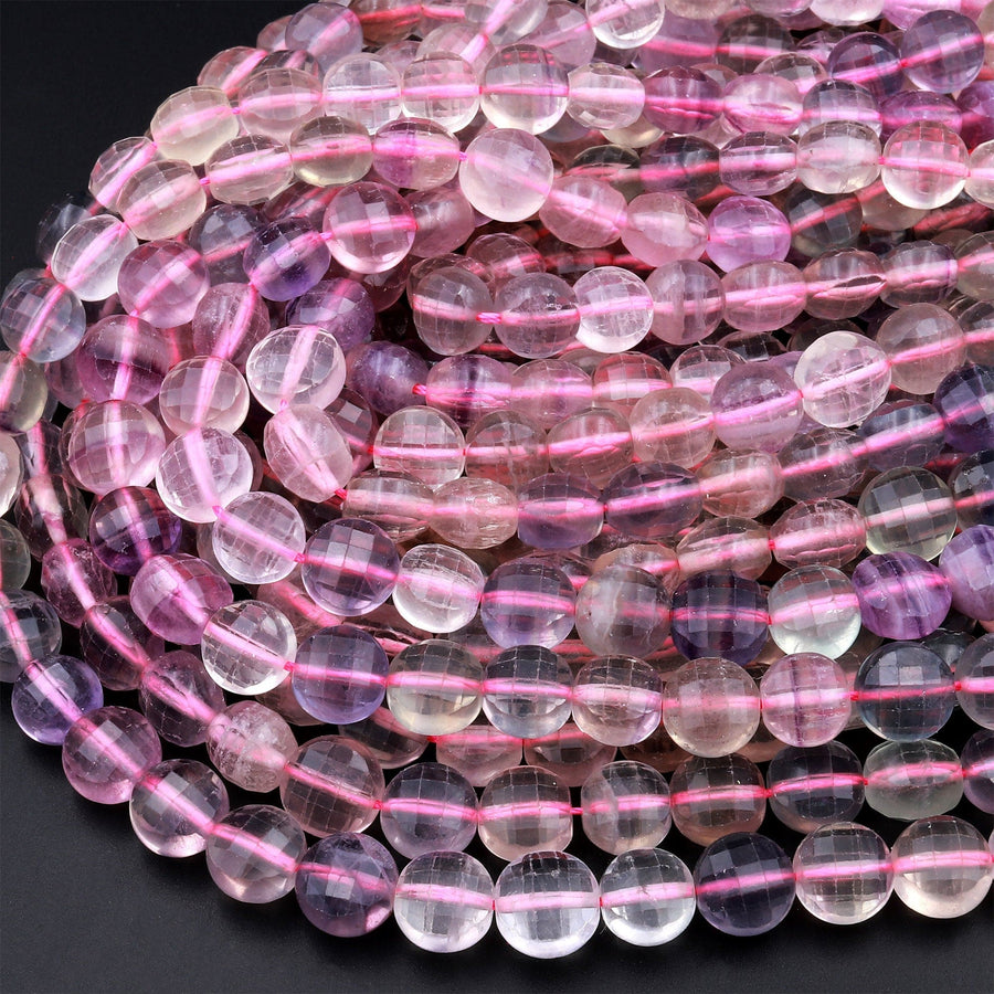 Faceted Natural Fluorite 10mm Coin Beads 15.5&quot; Strand