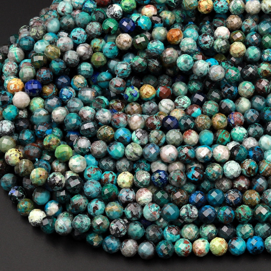 AAA Micro Faceted Natural Chrysocolla Azurite Round Beads 5mm 6mm Laser Diamond Cut Blue Green Gemstone 15.5&quot; Strand