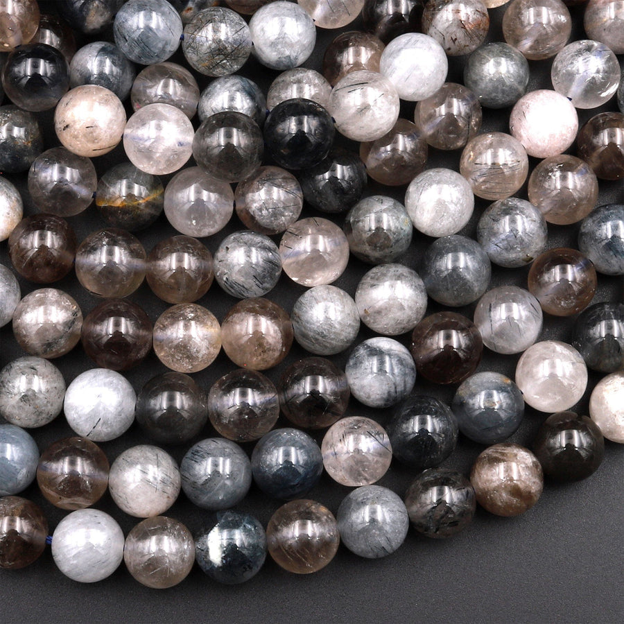Rare Natural Blue Gray Rutilated Quartz 6mm 8mm 10mm Round Beads From Madagascar 15.5&quot; Strand