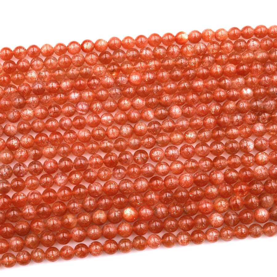 AAA+ Fiery Natural Sunstone Round Beads 5mm 6mm 7mm 8mm 10mm Feldspar Golden Glitters Orange Red Gemstone 15.5&quot; Strand
