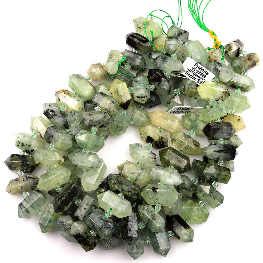 Natural Green Prehnite Beads Double Terminated Point Green Crystal Faceted Focal Point Pendants 15.5&quot; Strand