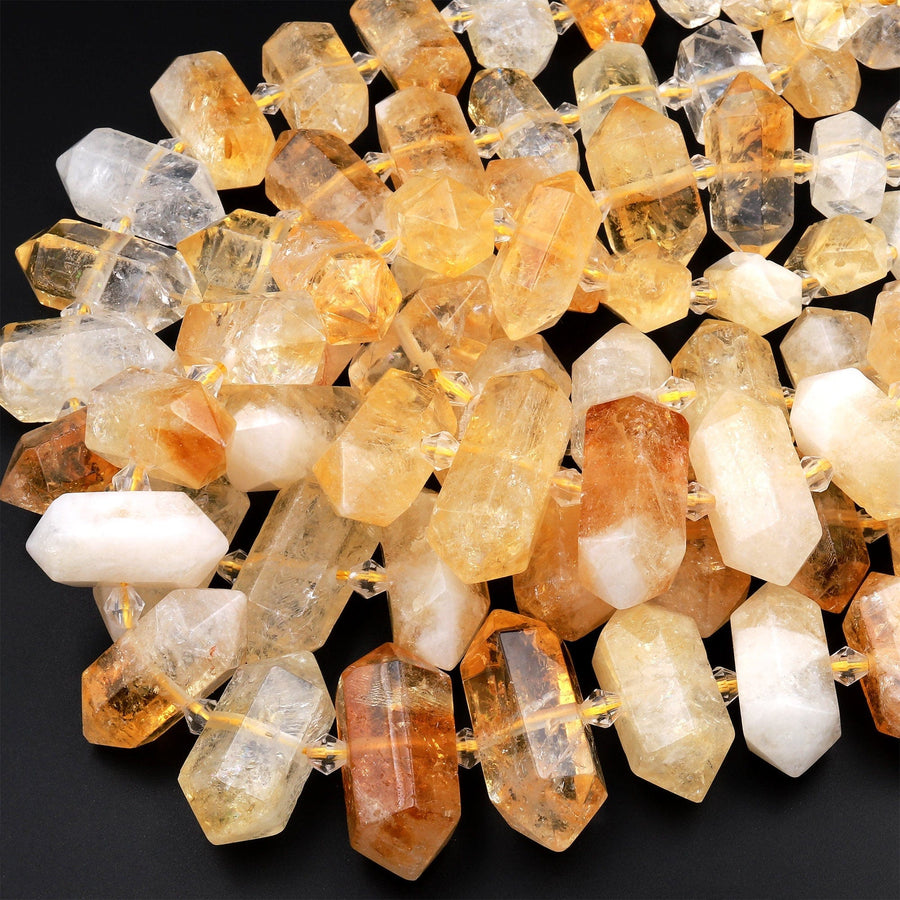 Natural Citrine Beads Faceted Double Terminated Points Healing Natural Quartz Crystal Focal Pendant 15.5&quot; Strand