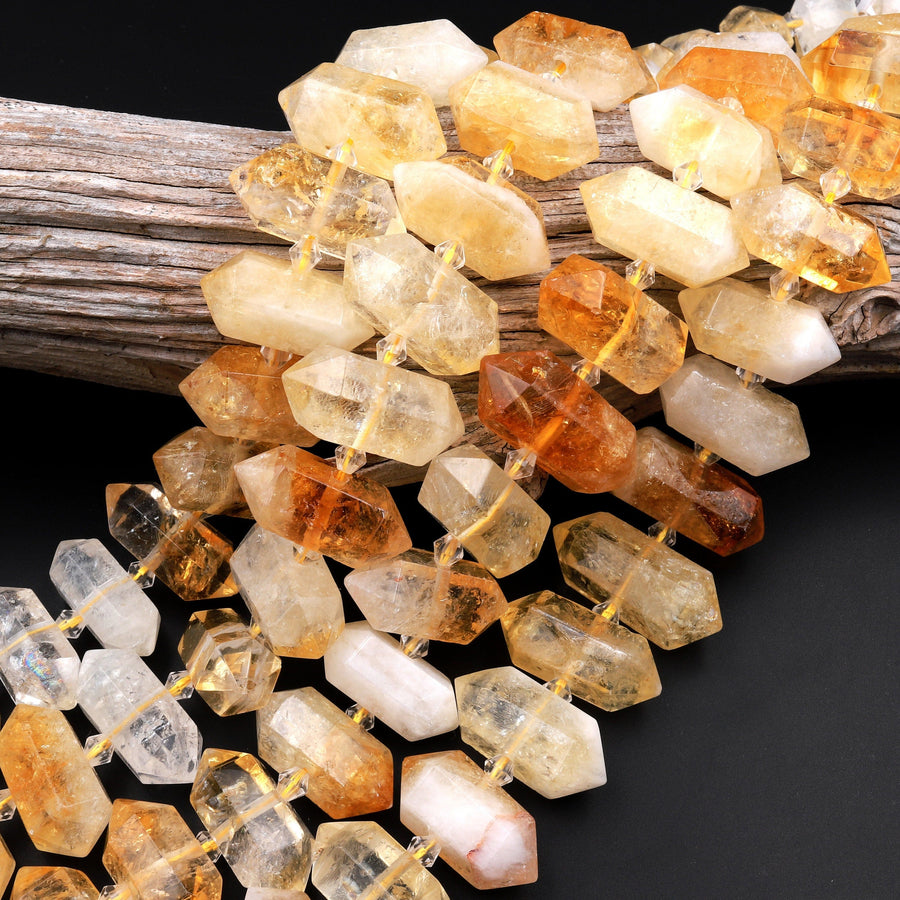 Natural Citrine Beads Faceted Double Terminated Points Healing Natural Quartz Crystal Focal Pendant 15.5&quot; Strand