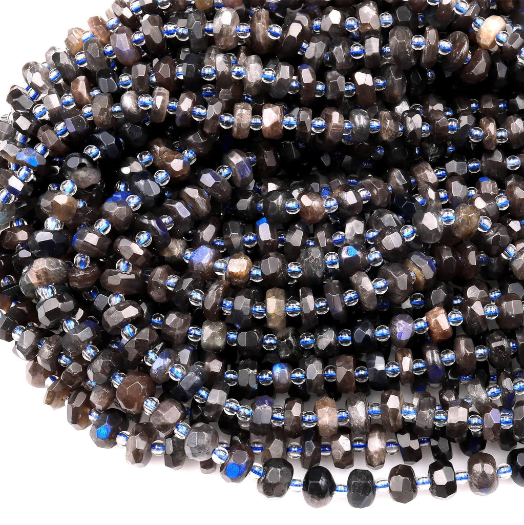 Rare Natural Black Labradorite Faceted Rondelle Beads 7mm 8mm Blue Flashes 15.5&quot; Strand