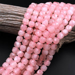 AAA Natural Pink Rose Quartz 8mm Faceted Cube Dice Square Beads 15.5&quot; Strand