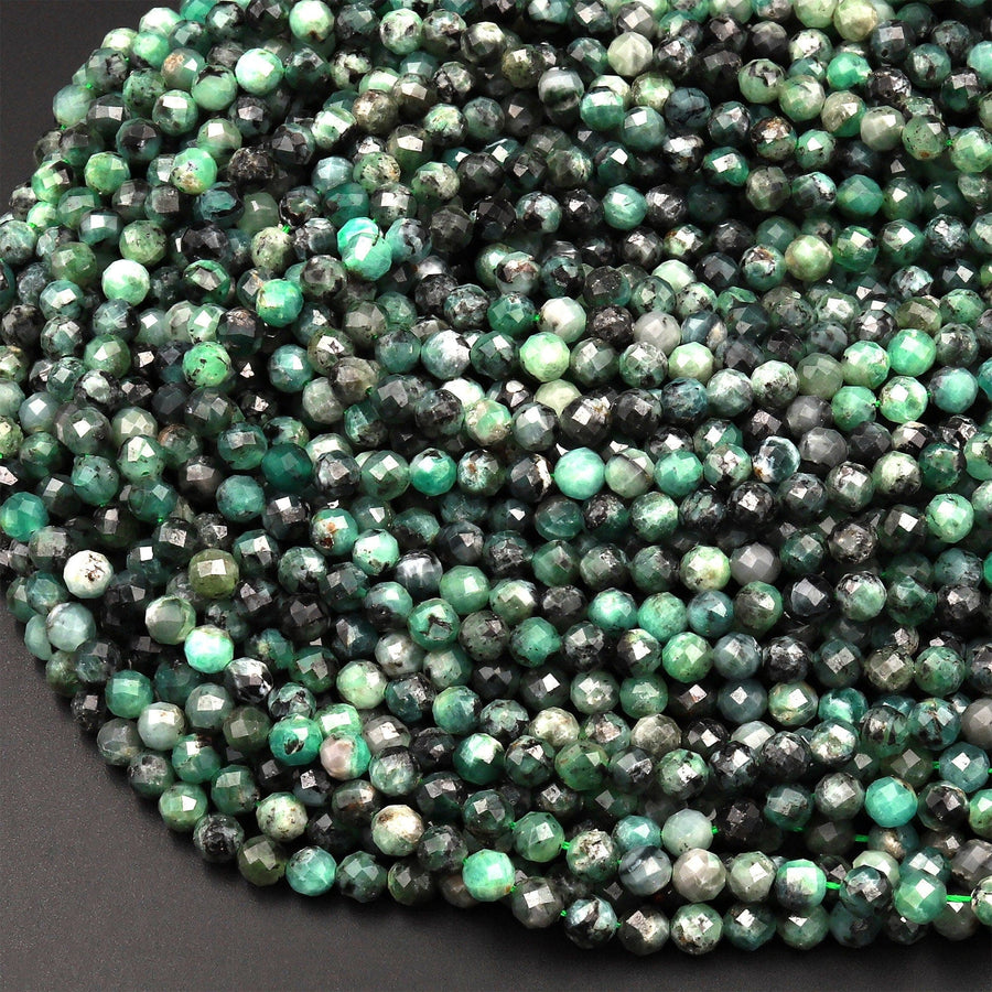 Real Genuine Natural Green Emerald Gemstone Faceted 3mm 4mm 5mm Round Beads Laser Diamond Cut Gemstone May Birthstone 15.5&quot; Strand