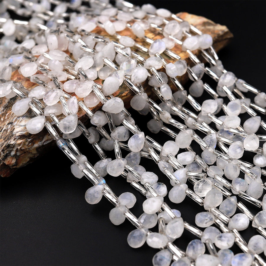 Faceted Natural Rainbow Moonstone Teardrop Briolette Beads 15.5&quot; Strand