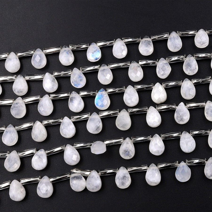 Faceted Natural Rainbow Moonstone Teardrop Briolette Beads 15.5&quot; Strand