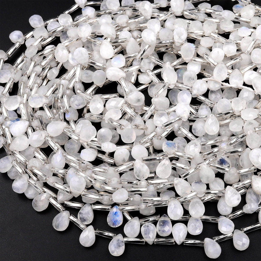 Faceted Natural Rainbow Moonstone Teardrop Briolette Beads 15.5&quot; Strand