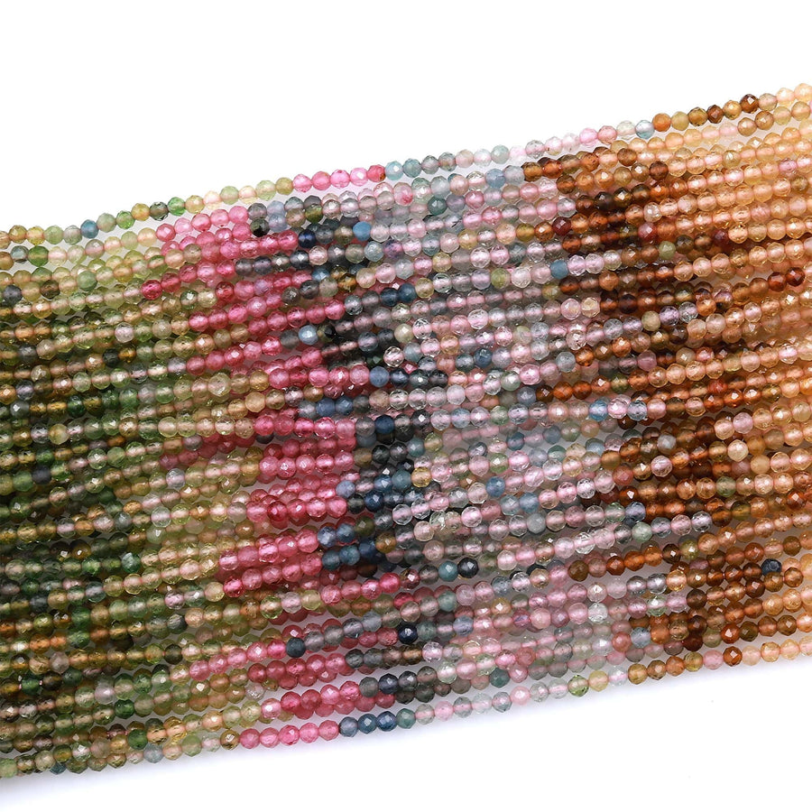 AAA Natural Multicolor Pink Green Yellow Blue Tourmaline Micro Faceted 2mm Round Gemstone Beads 15.5&quot; Strand