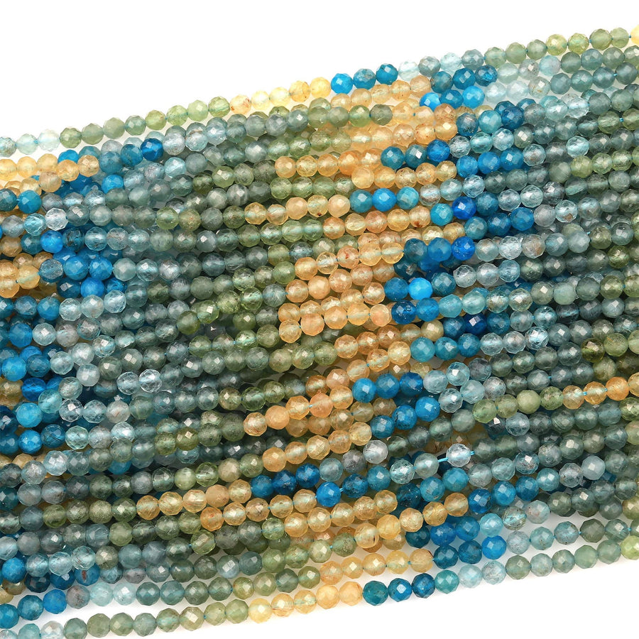 Natural Blue Yellow Green Apatite 3mm 4mm Faceted Round Beads Micro Faceted Multi Color Shade Gemstone 15.5&quot; Strand