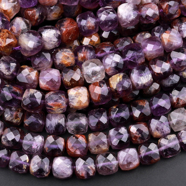 AAA Natural Super 7 Phantom Amethyst Cacoxenite 6mm 8mm Beads Faceted Cube Dice Square 15.5&quot; Strand