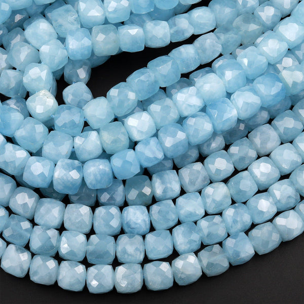 AAA Natural Blue Aquamarine Faceted 6mm 8mm Cube Beads Micro Faceted Laser Diamond Cut 15.5&quot; Strand