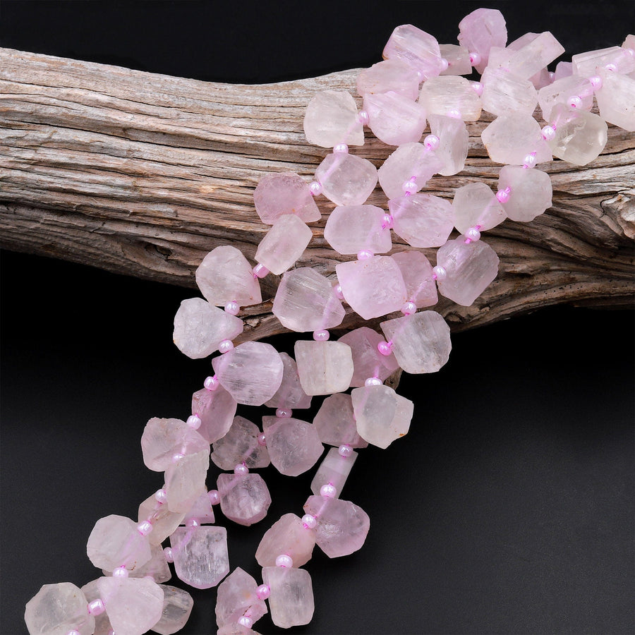 Hand Cut Natural Kunzite Beads Flat Teardrop Briolette Focal Pendant Natural Pink Violet Purple Gemstone 16&quot; Strand