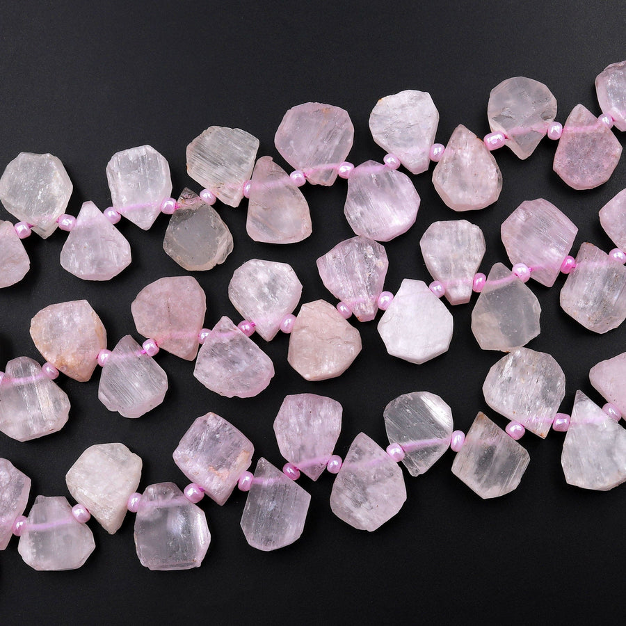 Hand Cut Natural Kunzite Beads Flat Teardrop Briolette Focal Pendant Natural Pink Violet Purple Gemstone 16&quot; Strand