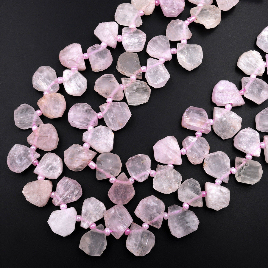 Hand Cut Natural Kunzite Beads Flat Teardrop Briolette Focal Pendant Natural Pink Violet Purple Gemstone 16&quot; Strand