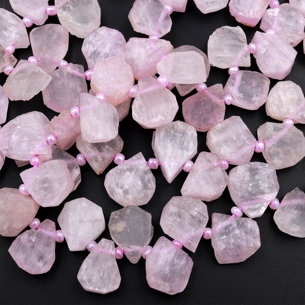 Hand Cut Natural Kunzite Beads Flat Teardrop Briolette Focal Pendant Natural Pink Violet Purple Gemstone 16&quot; Strand