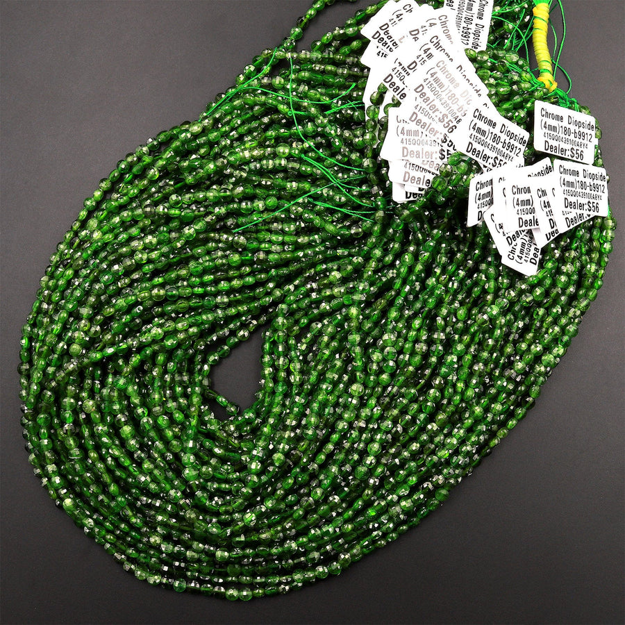 Real Genuine Natural Green Chrome Diopside Faceted 4mm Coin Gemstone Beads 15.5&quot; Strand