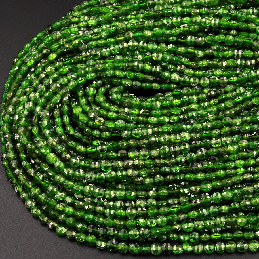 Real Genuine Natural Green Chrome Diopside Faceted 4mm Coin Gemstone Beads 15.5&quot; Strand