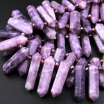 Natural Lilac Violet Purple Lepidolite Beads Faceted Double Terminated Points Large Side Drilled Focal Pendant 15.5&quot; Strand
