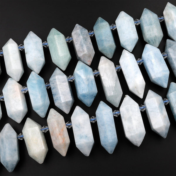 Natural Aquamarine Beads Faceted Double Terminated Points Side Drilled Focal Pendant 15.5&quot; Strand