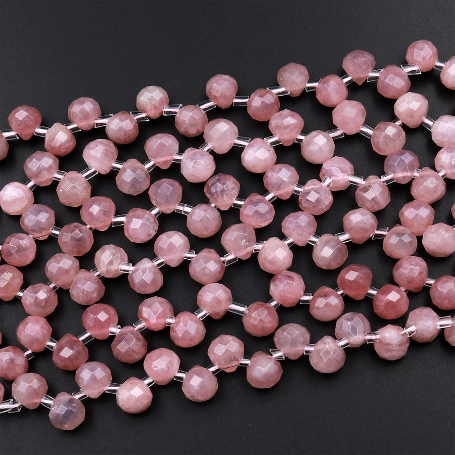 Natural Mauve Pink Rose Quartz From Madagascar Faceted 6mm Rounded Briolette Teardrop Beads Good For Earrings 15.5&quot; Strand