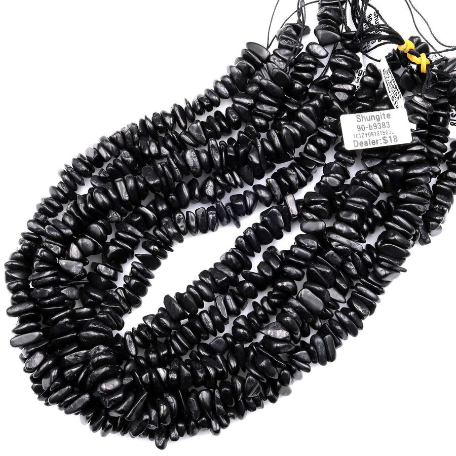 Genuine Natural Shungite Pebble Chip Nugget Beads High Quality Black Lustrous Gemstone from Russia 15.5&quot; Strand
