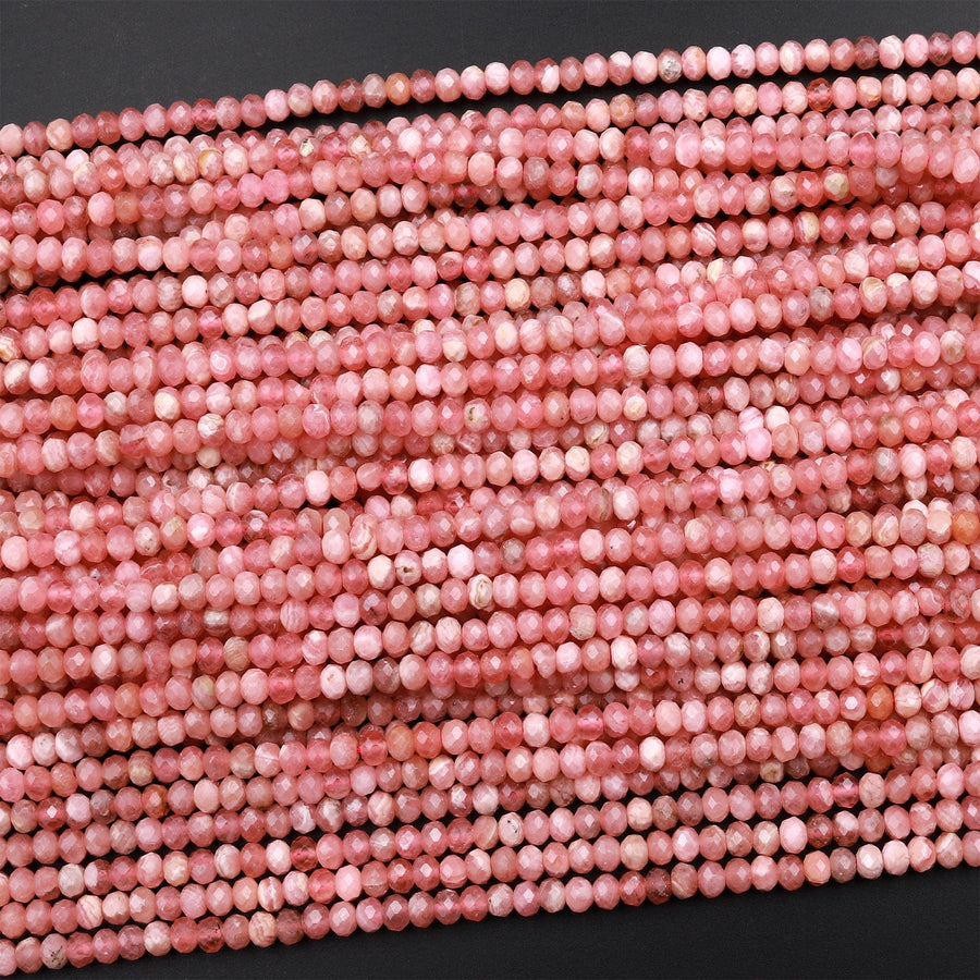 AAA Natural Pink Rhodochrosite 3mm 4mm Faceted Rondelle Beads Micro Diamond Cut Genuine Red Pink Gemstone 15.5&quot; Strand