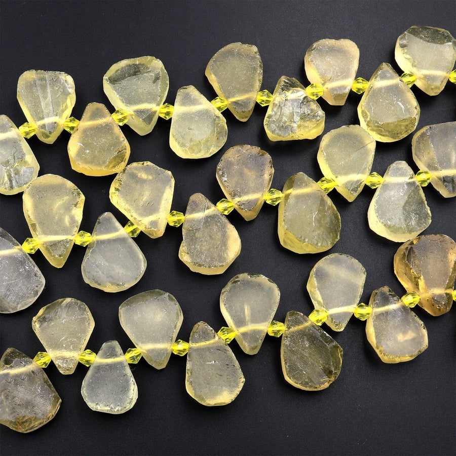 Hand Cut Natural Lemon Quartz Beads Flat Teardrop Briolette Focal Pendant Natural Golden Yellow Gemstone 15.5&quot; Strand