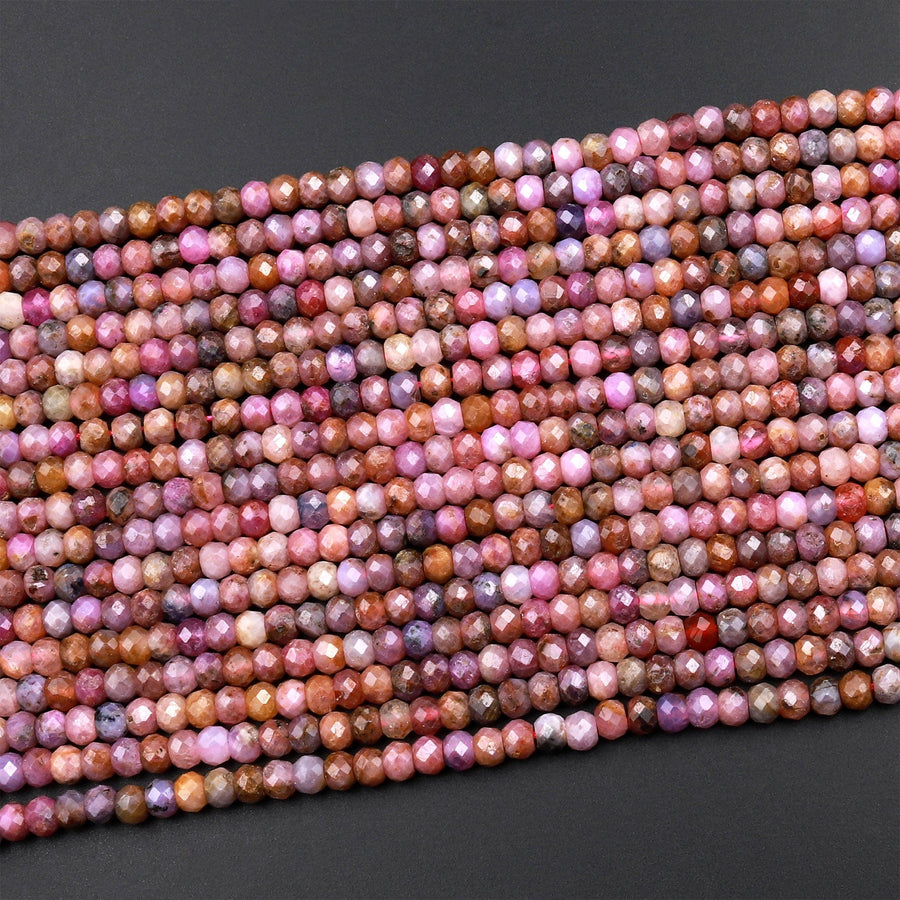 Real Genuine Natural Ruby Gemstone Faceted 4mm Rondelle Beads Mauve Purple Peach Pink Red Colors 15.5&quot; Strand