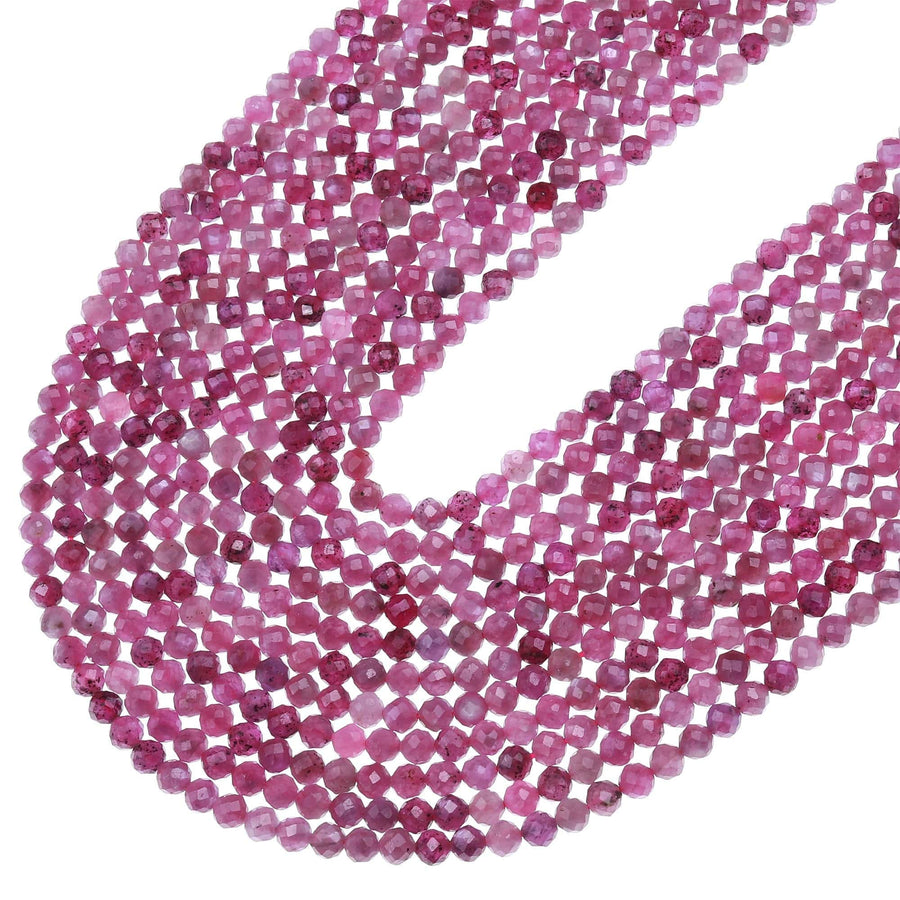 Genuine Natural Star Ruby Faceted 3mm 4mm Round Beads Real Gemstone Micro Diamond Cut 15.5&quot; Strand