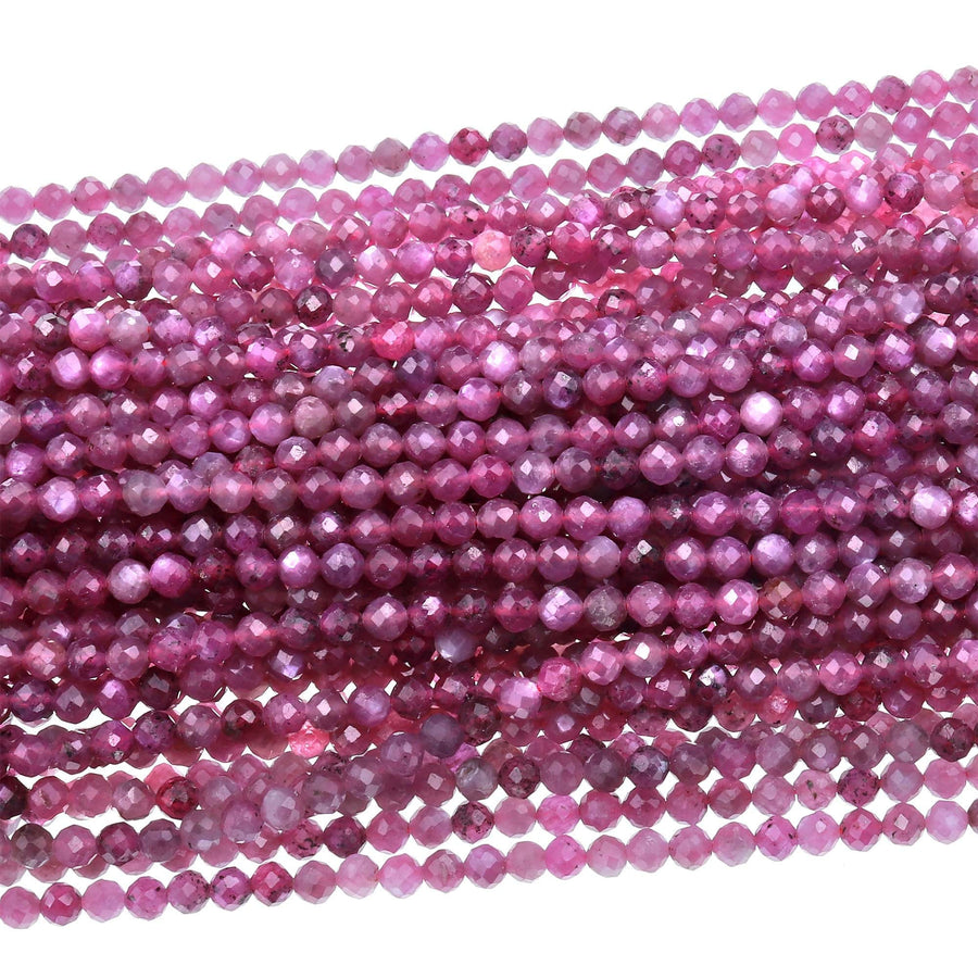 Genuine Natural Star Ruby Faceted 3mm 4mm Round Beads Real Gemstone Micro Diamond Cut 15.5&quot; Strand
