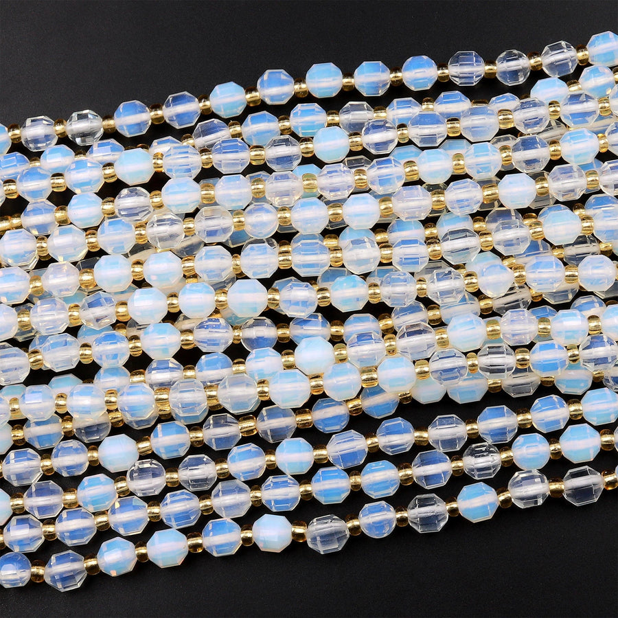 Faceted Opalite 6mm Beads Iridescent Energy Prism Double Terminated Point Cut 15.5&quot; Strand