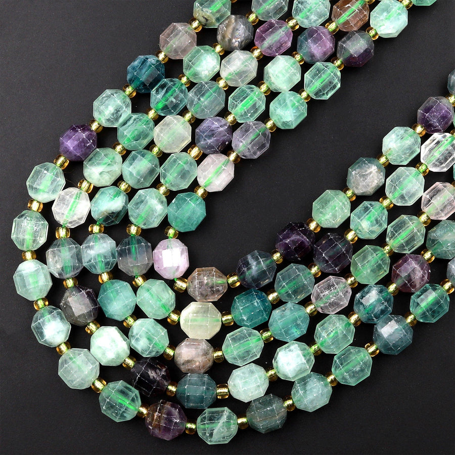 Faceted Natural Fluorite 8mm Beads Energy Prism Double Terminated Point Cut 15.5&quot; Strand