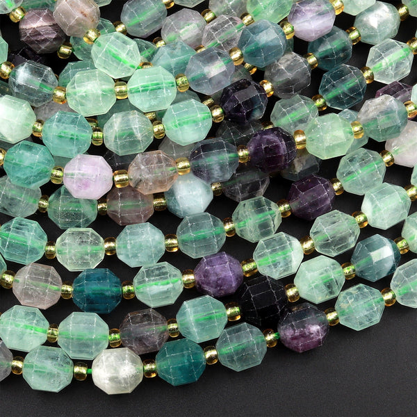 Faceted Natural Fluorite 8mm Beads Energy Prism Double Terminated Point Cut 15.5&quot; Strand