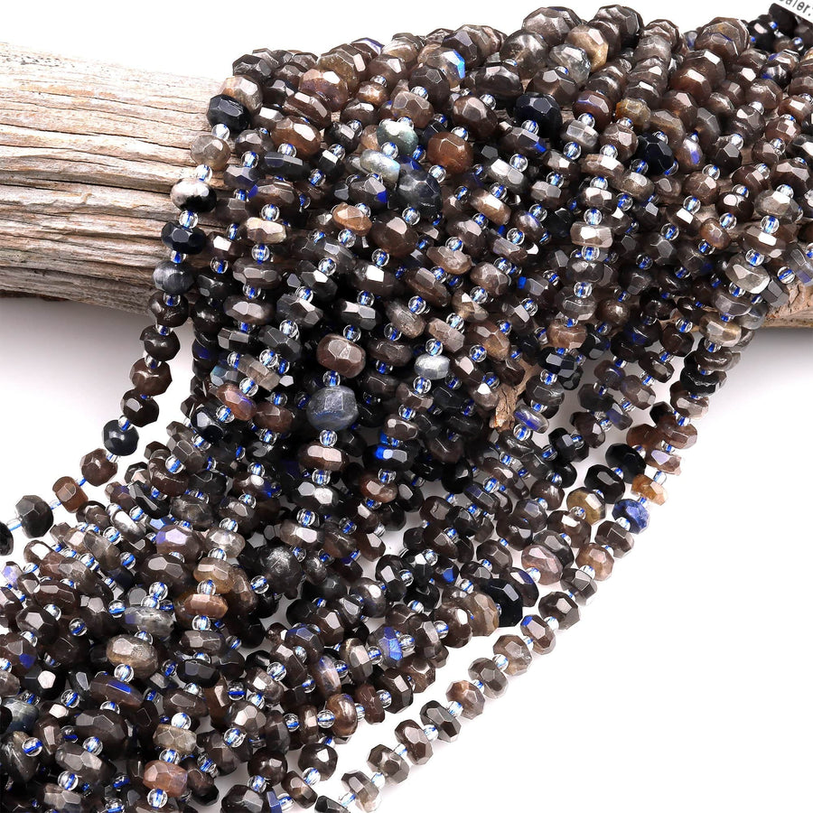 Rare Natural Black Labradorite Faceted Rondelle Beads 7mm 8mm Blue Flashes 15.5&quot; Strand