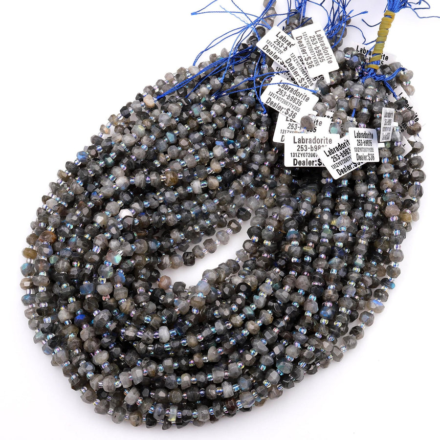 Natural Labradorite Faceted Rondelle Beads Freeform 6mm 8mm Blue Flashes 15.5&quot; Strand