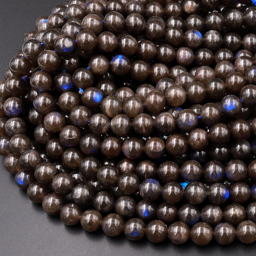 Rare Natural Chocolate Labradorite Smooth Round Beads 6mm 8mm 10mm Blue Flashes 15.5&quot; Strand