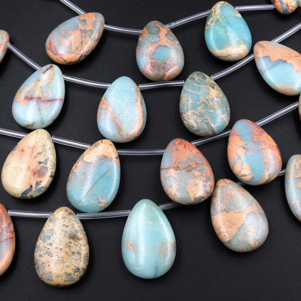 Genuine Natural Snake Skin Jasper Teardrop Pendant Beads Earthy Blue Rusty Red Brown Tan Stone Aka African Blue Opal 15.5&quot; Strand