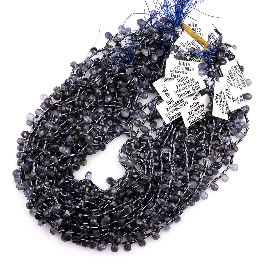 Faceted Natural Blue Iolite Teardrop Briolette Beads Real Genuine Iolite Gemstone 15.5&quot; Strand