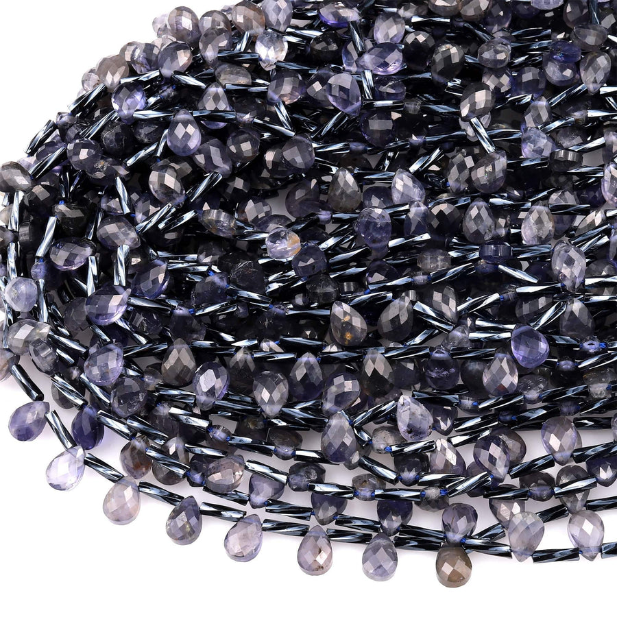 Faceted Natural Blue Iolite Teardrop Briolette Beads Real Genuine Iolite Gemstone 15.5&quot; Strand